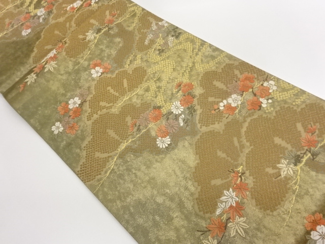 作家物　摺出し箔　松に桜・梅・菊・紅葉・萩模様織出し袋帯